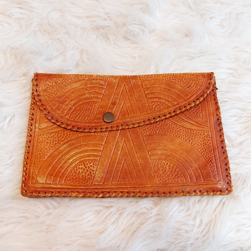 Vintage Brown Leather Boho Embossed Tooled Leather Clutch